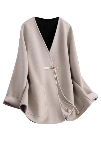 Black V Neck Pockets Woolen Coat Winter Rs021