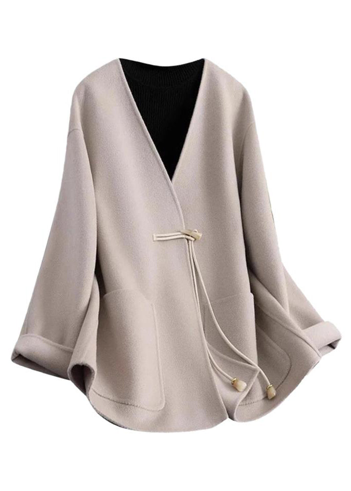Black V Neck Pockets Woolen Coat Winter Rs021