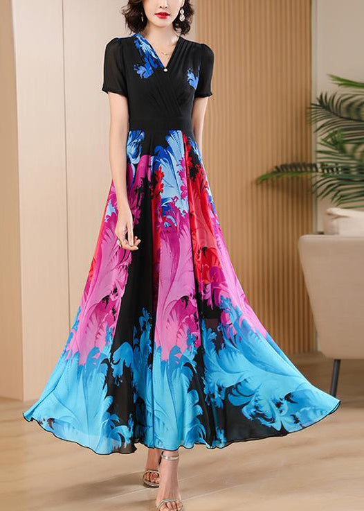 Black V Neck Print High Waist Chiffon Maxi Dresses Summer As1085