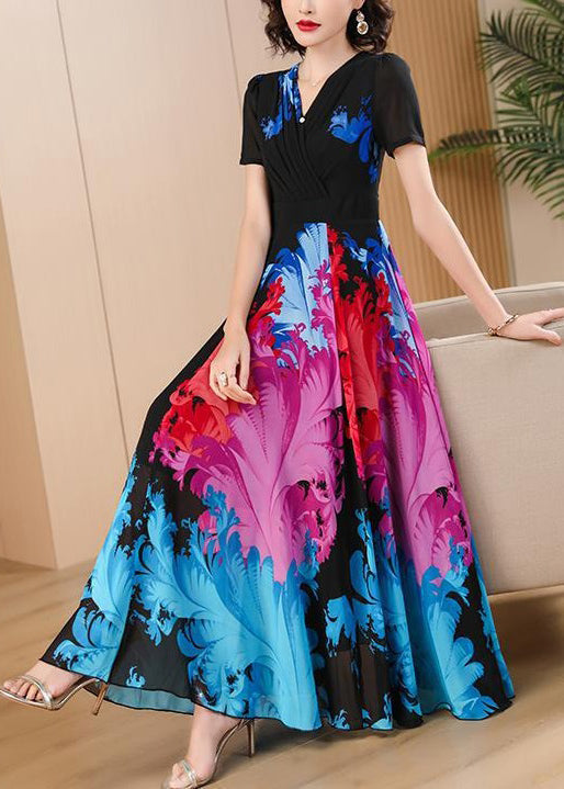 Black V Neck Print High Waist Chiffon Maxi Dresses Summer As1085