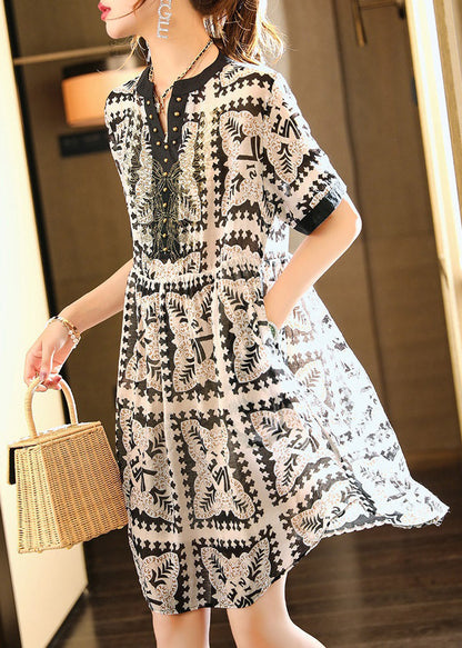 Black V Neck Print Vacation Chiffon Maxi Dresses Summer Ly1486