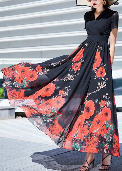 Black V Neck Print Wrinkled Chiffon Long Dresses Summer As1002