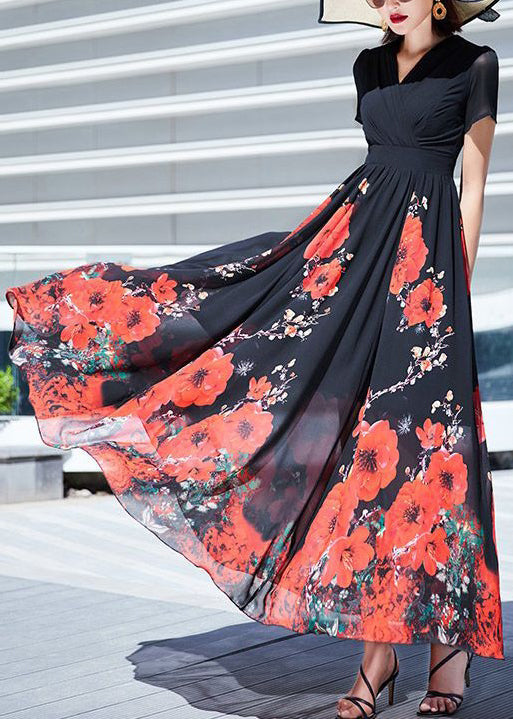 Black V Neck Print Wrinkled Chiffon Long Dresses Summer As1002