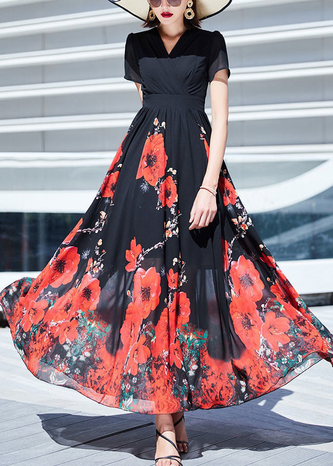 Black V Neck Print Wrinkled Chiffon Long Dresses Summer As1002