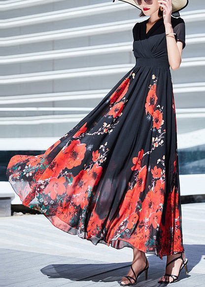 Black V Neck Print Wrinkled Chiffon Long Dresses Summer As1002