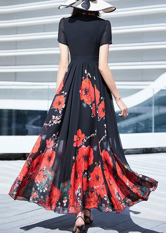 Black V Neck Print Wrinkled Chiffon Long Dresses Summer As1002