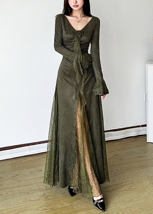 Blackish Green Patchwork Lace Long Dress Flare Sleeve Yp047