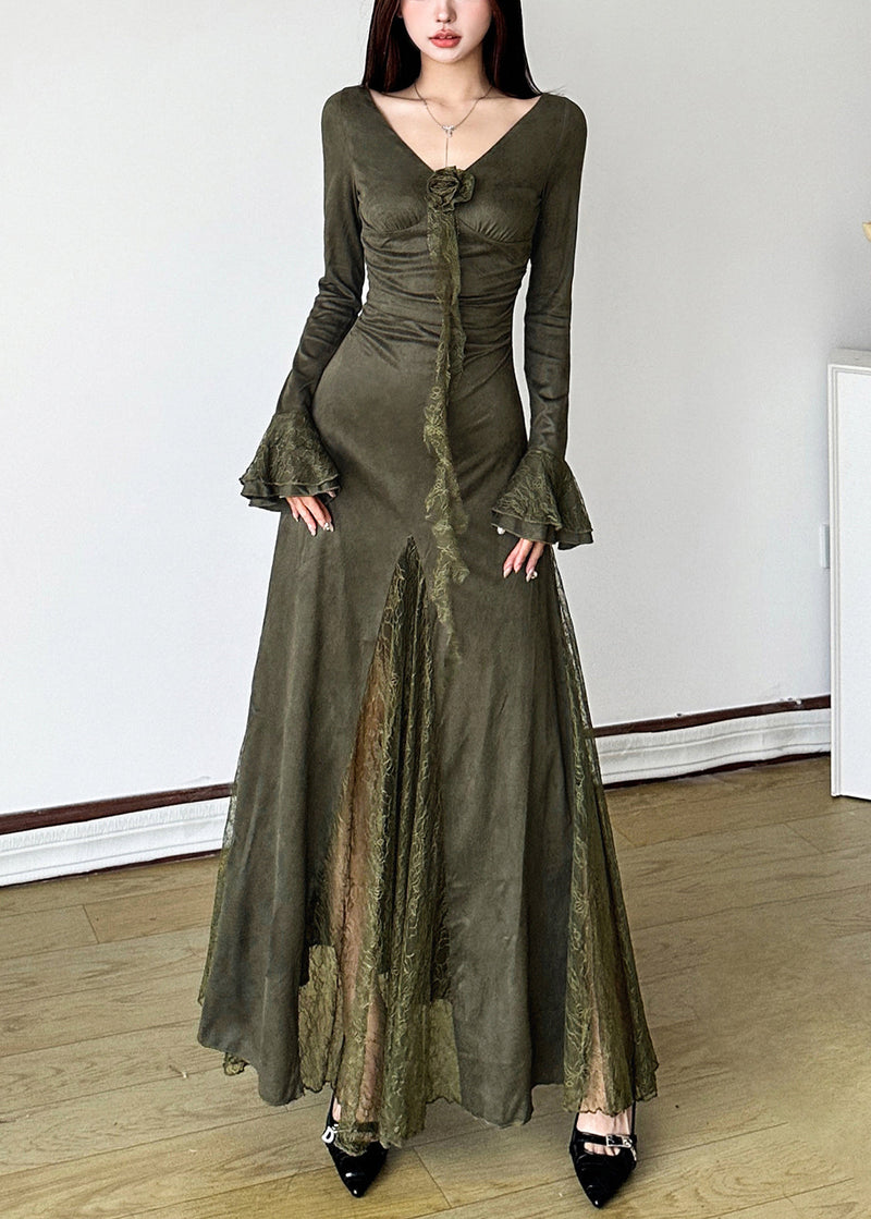 Blackish Green Patchwork Lace Long Dress Flare Sleeve Yp047