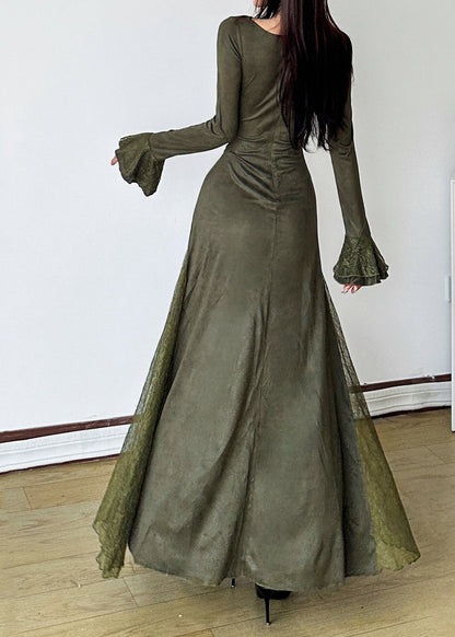 Blackish Green Patchwork Lace Long Dress Flare Sleeve Yp047