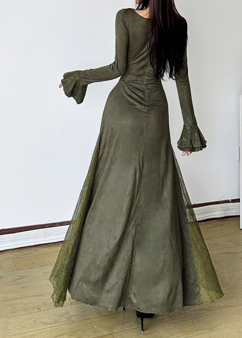 Blackish Green Patchwork Lace Long Dress Flare Sleeve Yp047