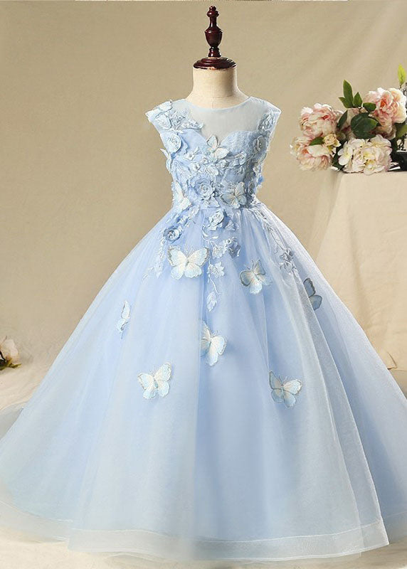 Blue Butterfly Tulle Kids Long Dress Sleeveless Ys008