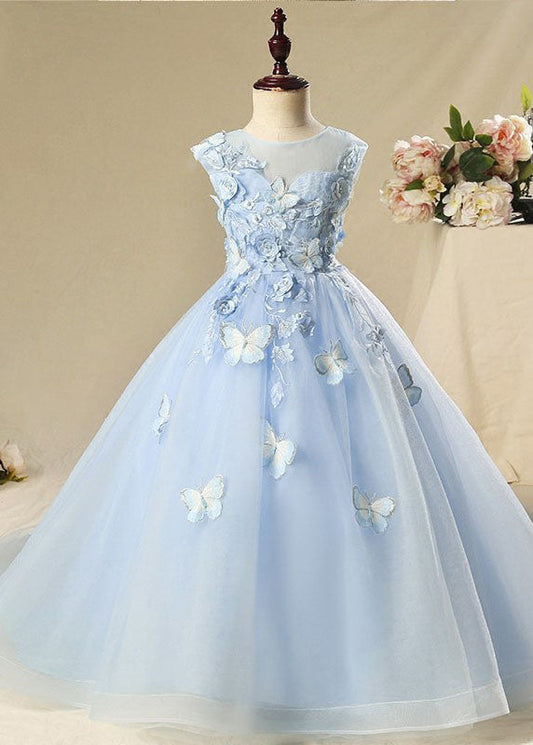 Blue Butterfly Tulle Kids Long Dress Sleeveless Ys008