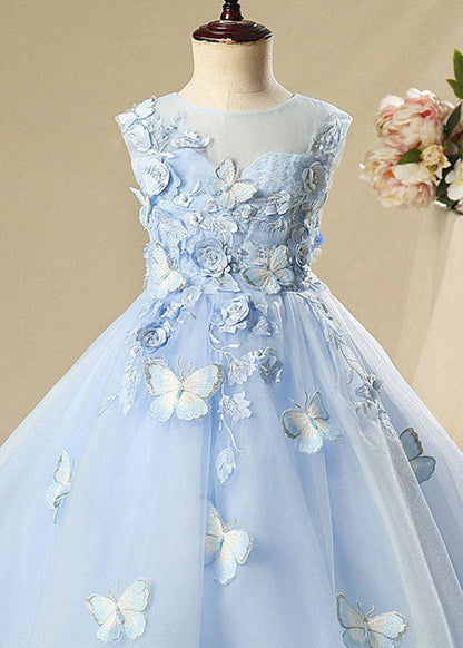 Blue Butterfly Tulle Kids Long Dress Sleeveless Ys008