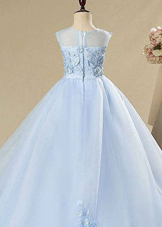 Blue Butterfly Tulle Kids Long Dress Sleeveless Ys008