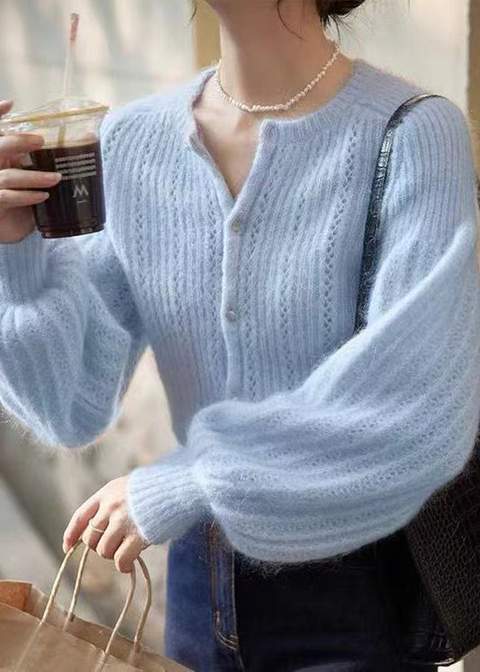 Blue Button Hollow Out Ma Hai Mao Sweaters Lantern Sleeve Tu039