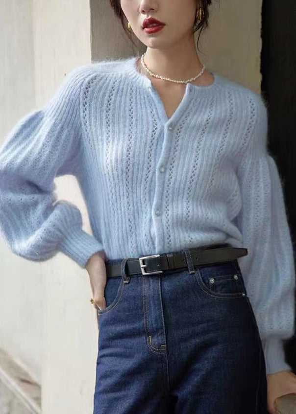 Blue Button Hollow Out Ma Hai Mao Sweaters Lantern Sleeve Tu039