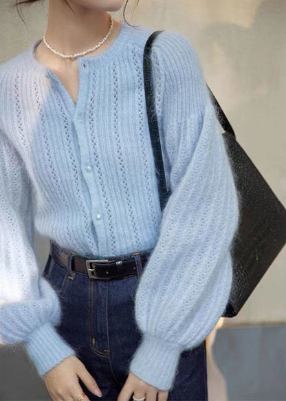Blue Button Hollow Out Ma Hai Mao Sweaters Lantern Sleeve Tu039