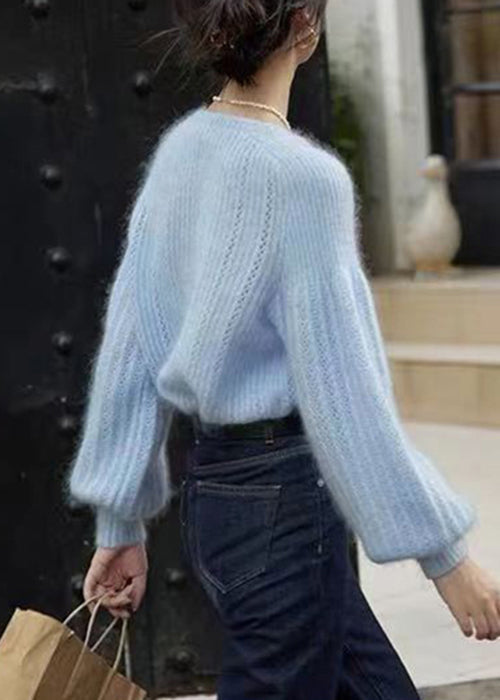 Blue Button Hollow Out Ma Hai Mao Sweaters Lantern Sleeve Tu039