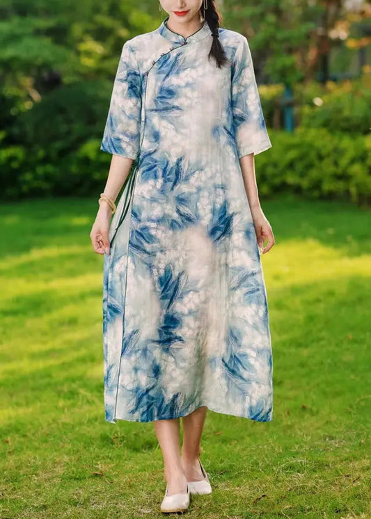 Blue Button Print Lace Up Linen Long Dresses Summer Cg1029