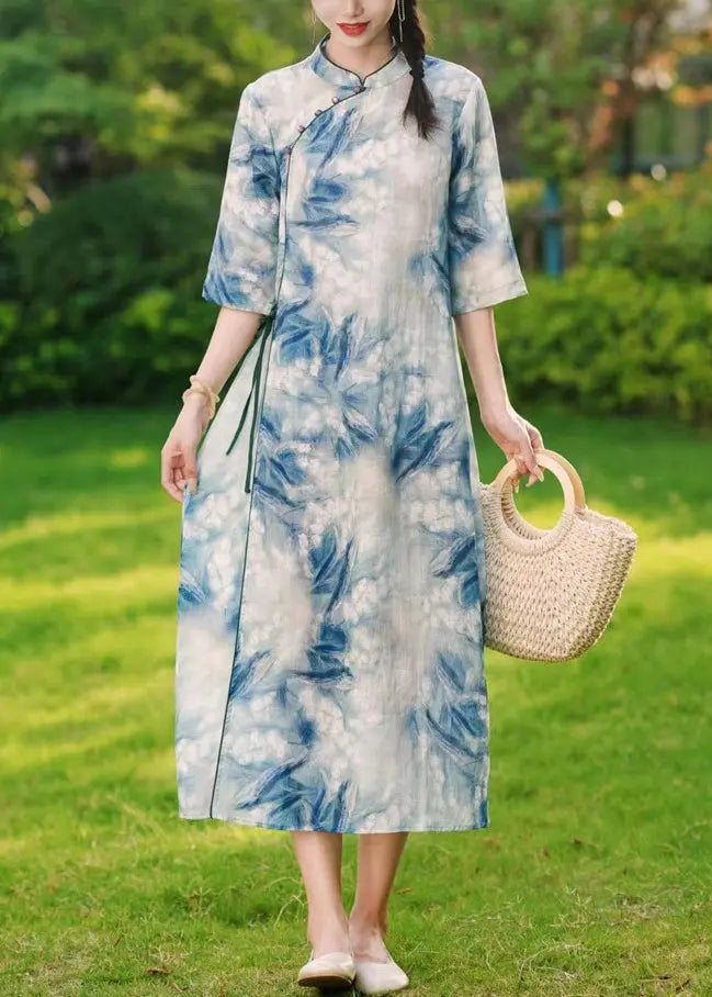 Blue Button Print Lace Up Linen Long Dresses Summer Cg1029