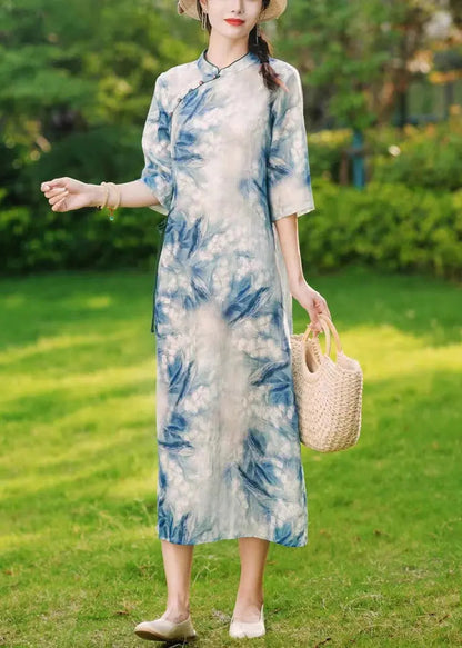 Blue Button Print Lace Up Linen Long Dresses Summer Cg1029