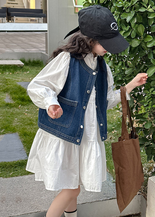 Blue Denim Waistcoat and White Dress Sets 2 Pieces Fall Xz081