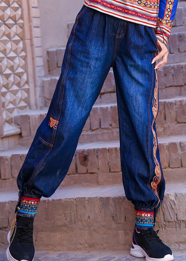 Blue High Waist Print Cotton Denim Beam Pants Spring Ly0189