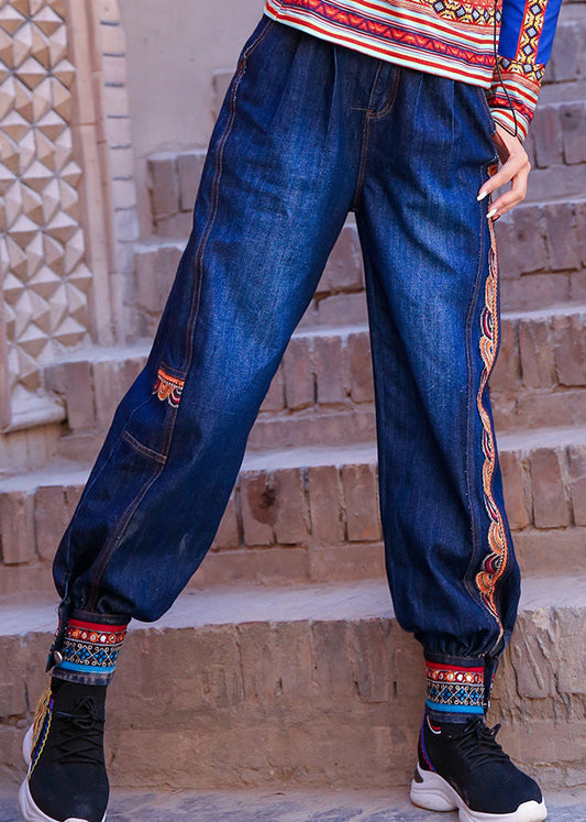Blue High Waist Print Cotton Denim Beam Pants Spring Ly0189