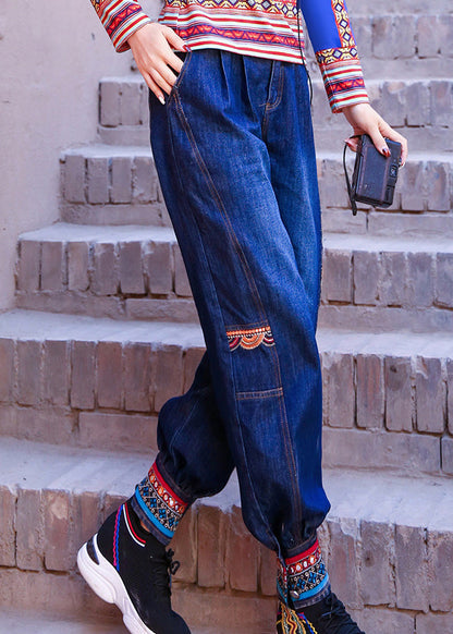 Blue High Waist Print Cotton Denim Beam Pants Spring Ly0189