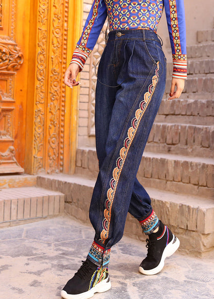 Blue High Waist Print Cotton Denim Beam Pants Spring Ly0189