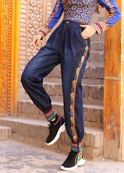 Blue High Waist Print Cotton Denim Beam Pants Spring Ly0189