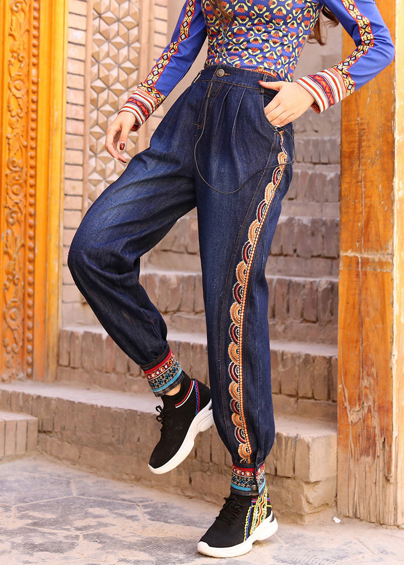 Blue High Waist Print Cotton Denim Beam Pants Spring Ly0189