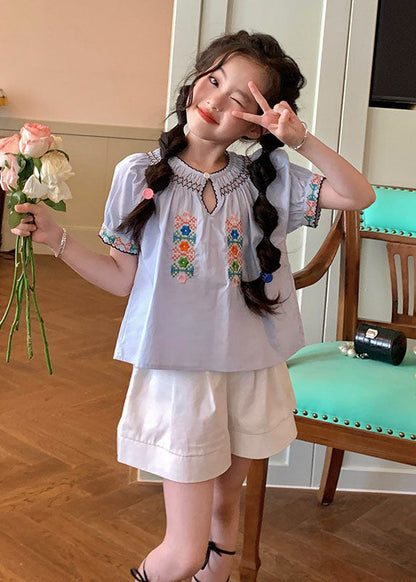 Blue O-neck Cinched Top and Shorts Two Pieces Set Short Sleeve Ss1032