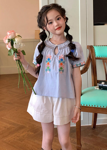 Blue O-neck Cinched Top and Shorts Two Pieces Set Short Sleeve Ss1032