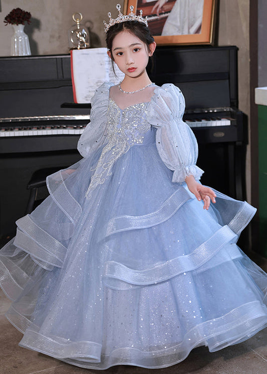 Blue O-neck Embroideried Patchwork Tulle Kids Long Dress Fall Rp045
