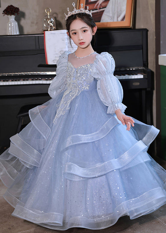 Blue O-neck Embroideried Patchwork Tulle Kids Long Dress Fall Rp045