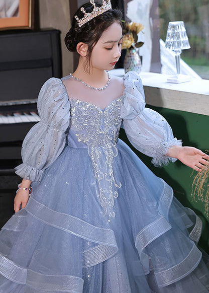 Blue O-neck Embroideried Patchwork Tulle Kids Long Dress Fall Rp045