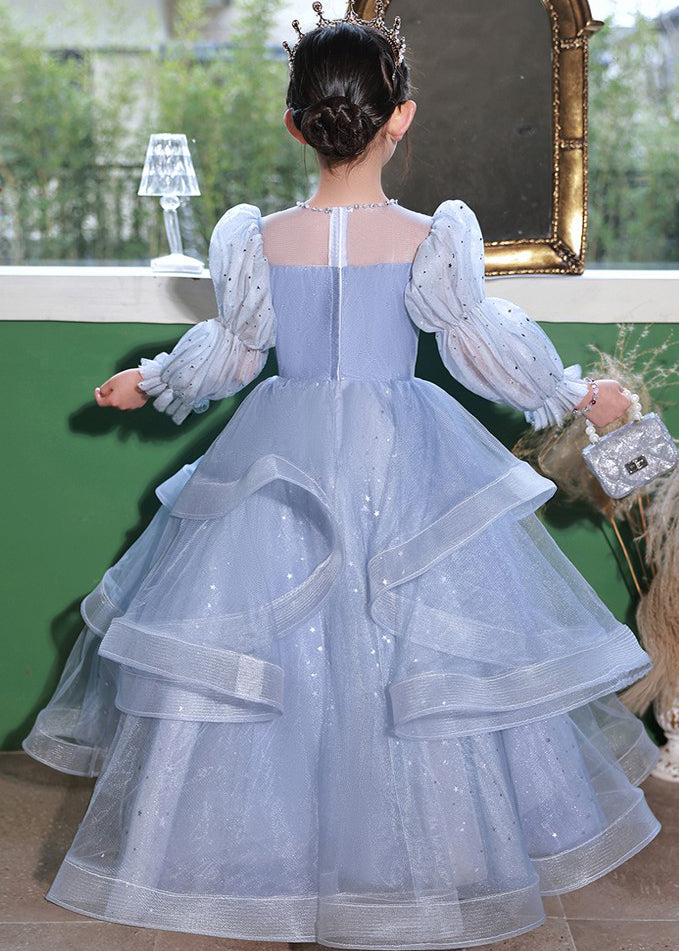 Blue O-neck Embroideried Patchwork Tulle Kids Long Dress Fall Rp045