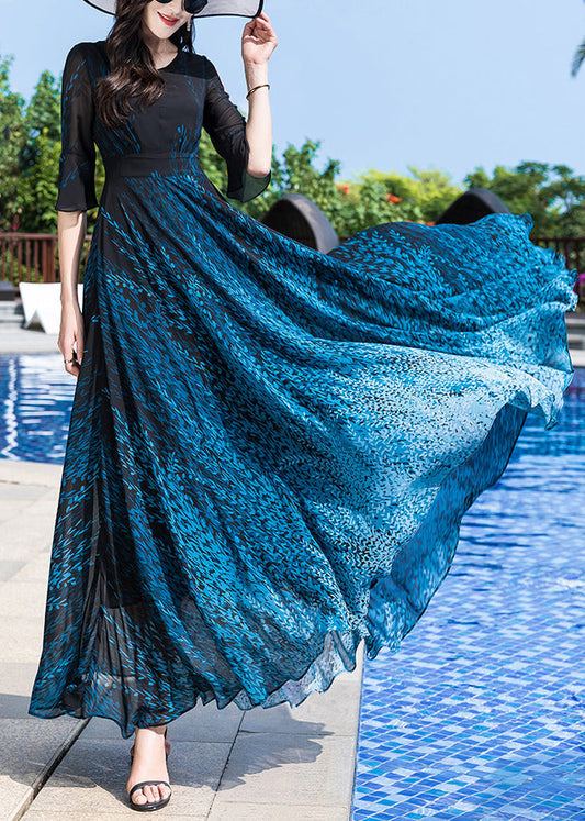 Blue O-neck Print Party Chiffon Long Dress Half Sleeve Ly1776