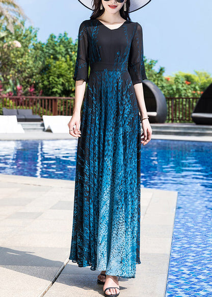 Blue O-neck Print Party Chiffon Long Dress Half Sleeve Ly1776
