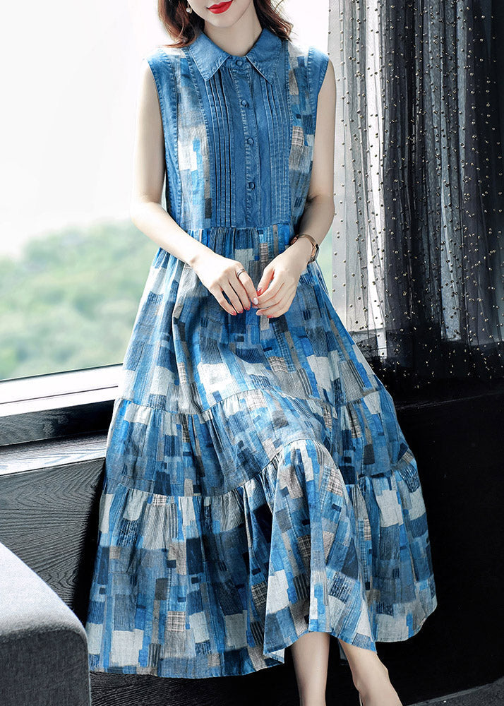 Blue Peter Pan Collar Plaid Wrinkled Maxi Dresses Summer Ac2035