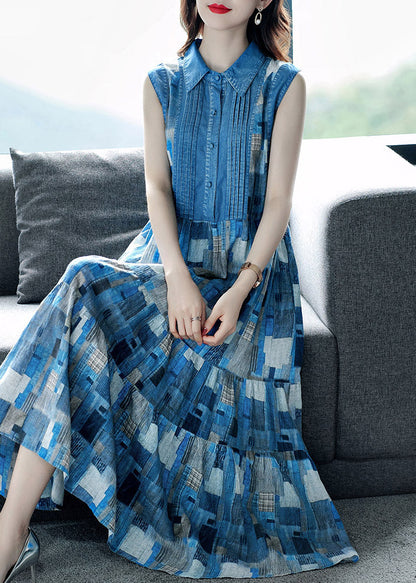 Blue Peter Pan Collar Plaid Wrinkled Maxi Dresses Summer Ac2035