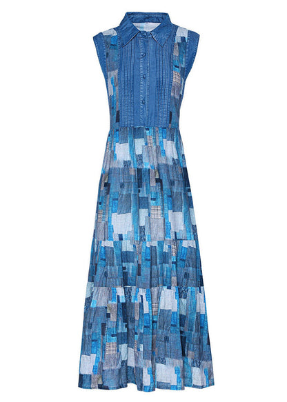 Blue Peter Pan Collar Plaid Wrinkled Maxi Dresses Summer Ac2035