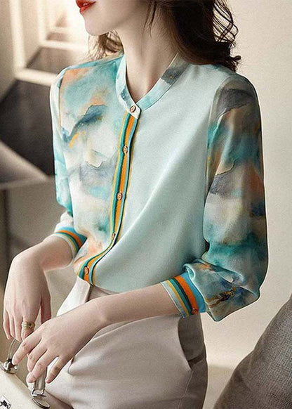 Blue Print Button Silk Blouses Spring Qa1083