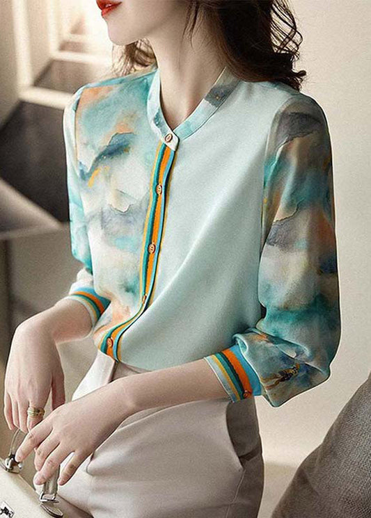 Blue Print Button Silk Blouses Spring Qa1083