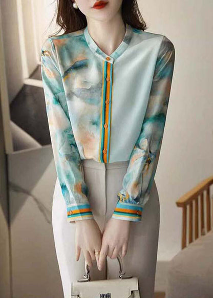 Blue Print Button Silk Blouses Spring Qa1083
