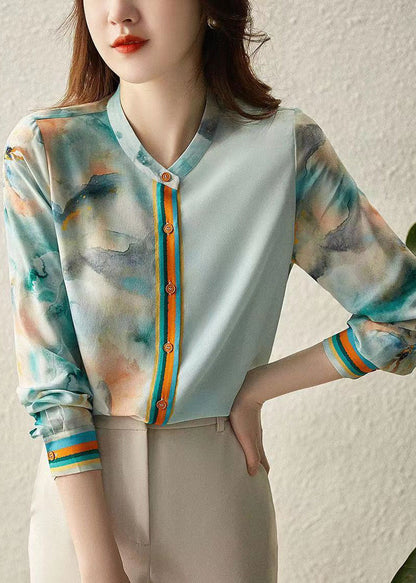 Blue Print Button Silk Blouses Spring Qa1083
