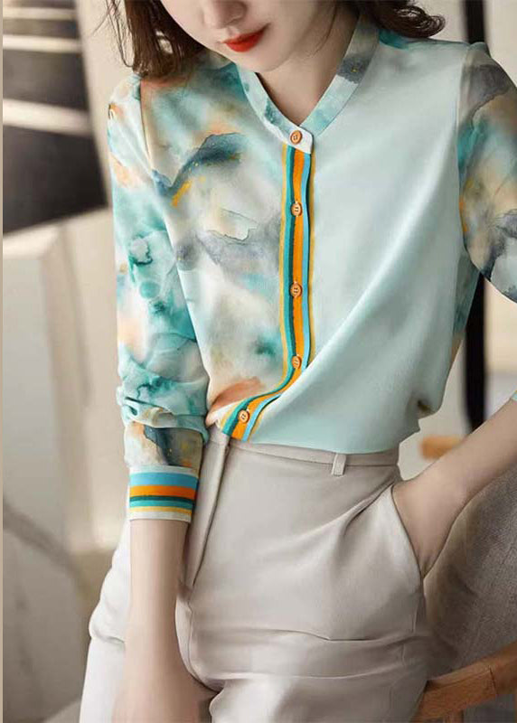 Blue Print Button Silk Blouses Spring Qa1083