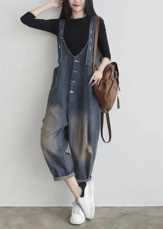 Blue V Neck Patchwork Button Jumpsuit Summer Ty1042