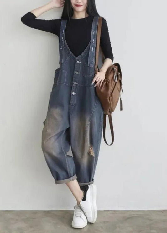 Blue V Neck Patchwork Button Jumpsuit Summer Ty1042